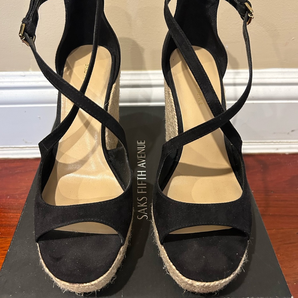 Saks Fifth Avenue Black Espadrille Wedges